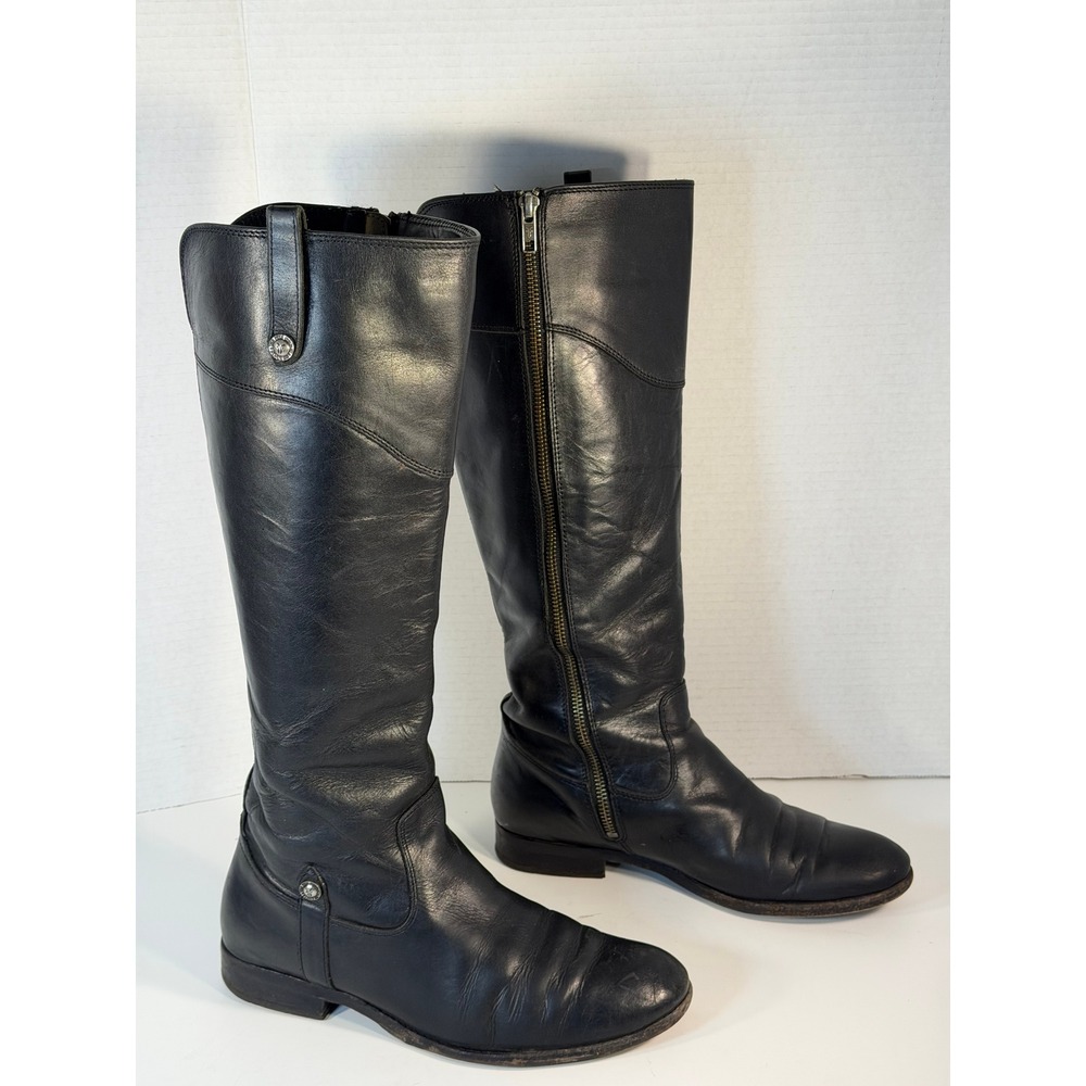 Frye Melissa Button Back Zip Black Leather Tall Riding Boots Women